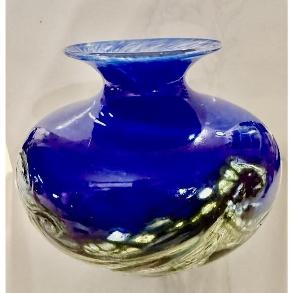 Signed Art Glass Bud Vase Cobalt Blue Greens Art Glass Vase 5x4 Inches - Picture 2 of 6